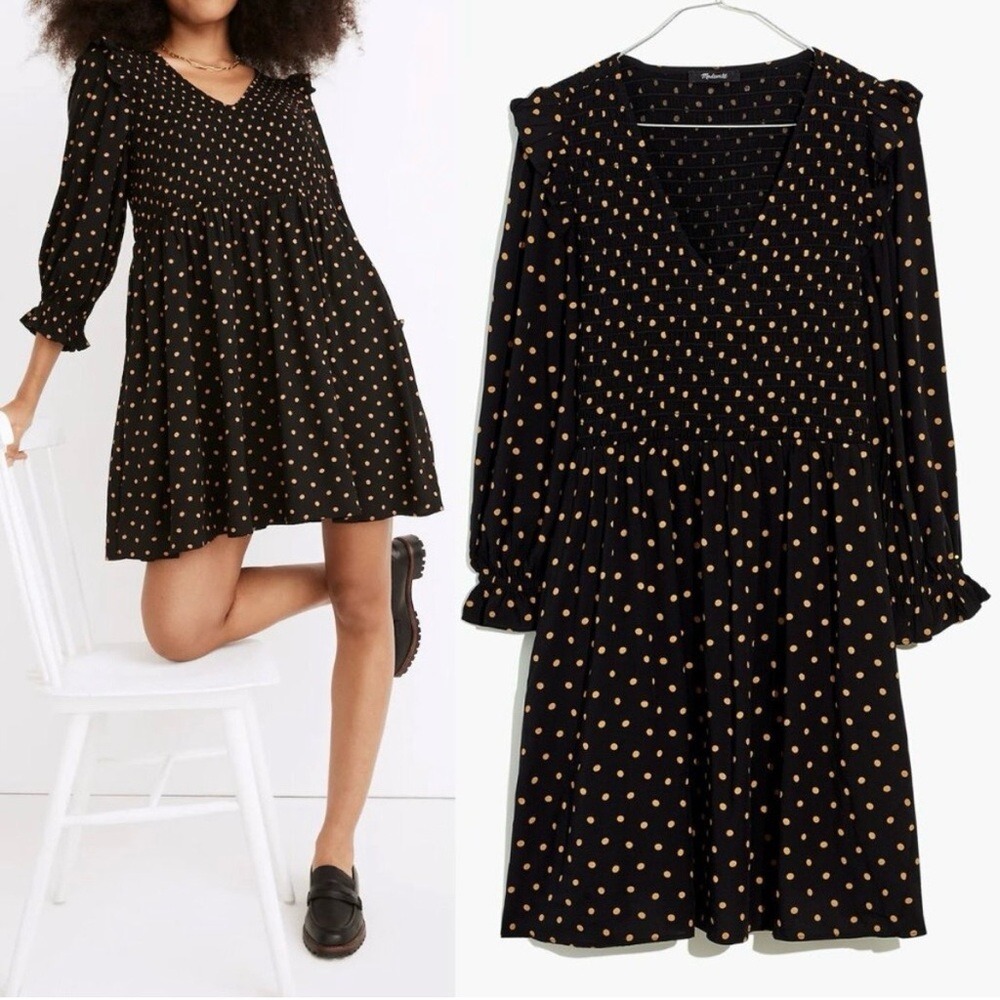 Madewell Lucie V-Neck Smocked Mini Dress Black & Tan Polka Dot Size Large